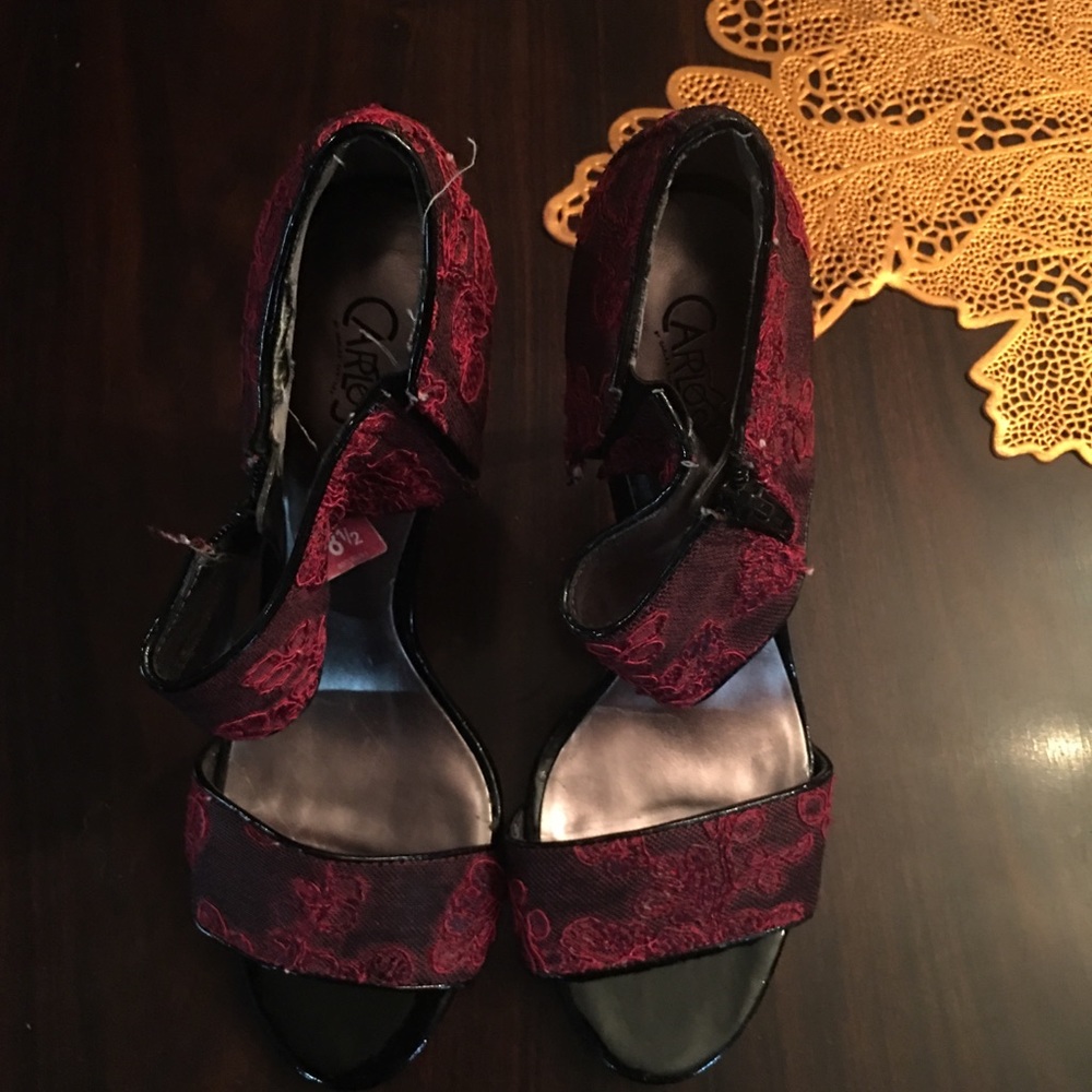 Red velvet strap heels